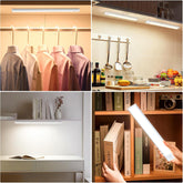 Collage of LED strip lights in various settings including a closet, kitchen, shelf, and bookshelf.